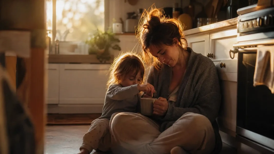 A tired parent sitting on the kitchen floor with their child during a difficult parenting moment