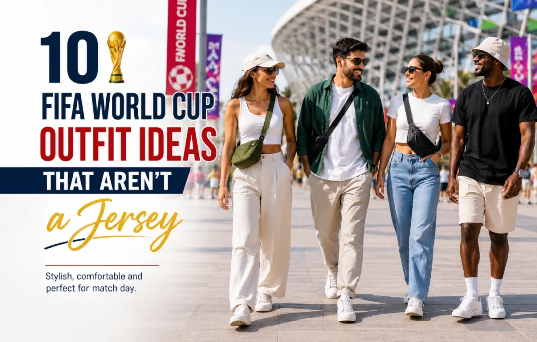 Stylish friends wearing trendy casual outfits outside a football stadium, showcasing FIFA World Cup outfit ideas that aren't jerseys.