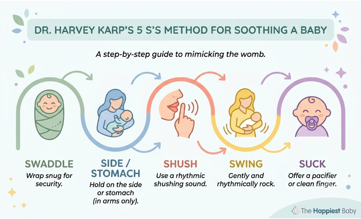 Infographic illustrating the 5 S's method for soothing a crying baby: Swaddle, Side/Stomach, Shush, Swing, and Suck with icons and brief descriptions.