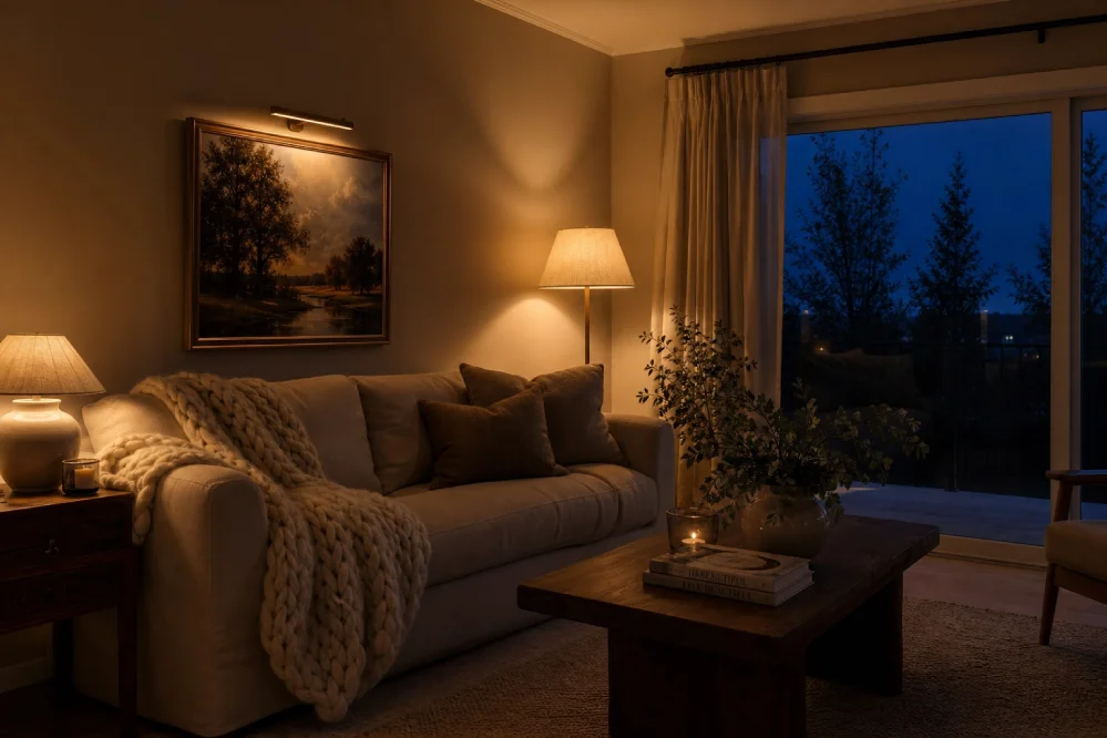Evening living room with a floor lamp casting a warm glow, a soft table lamp, and accent lights on a bookshelf, no harsh overhead light