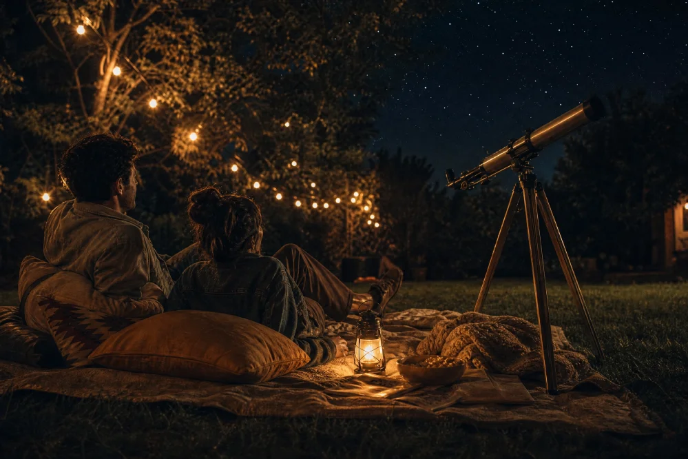 A cozy backyard stargazing setup with a couple reclining on a blanket with pillows, a vintage telescope, and warm string lights under a clear starry sky.