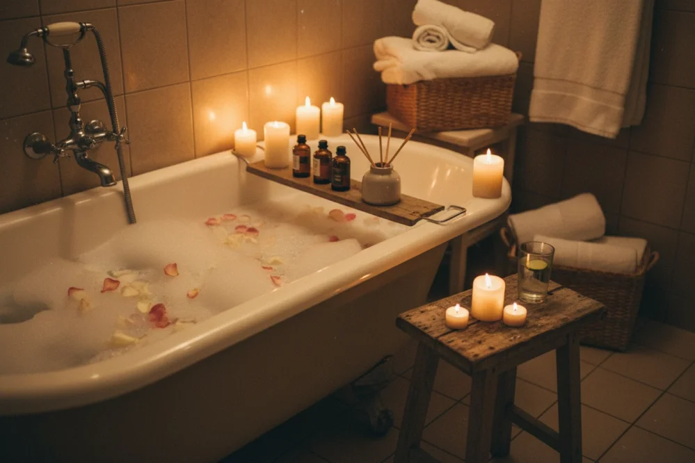 A serene at-home spa setup featuring a bubble bath with rose petals, surrounded by glowing candles and soft towels in a cozy bathroom.