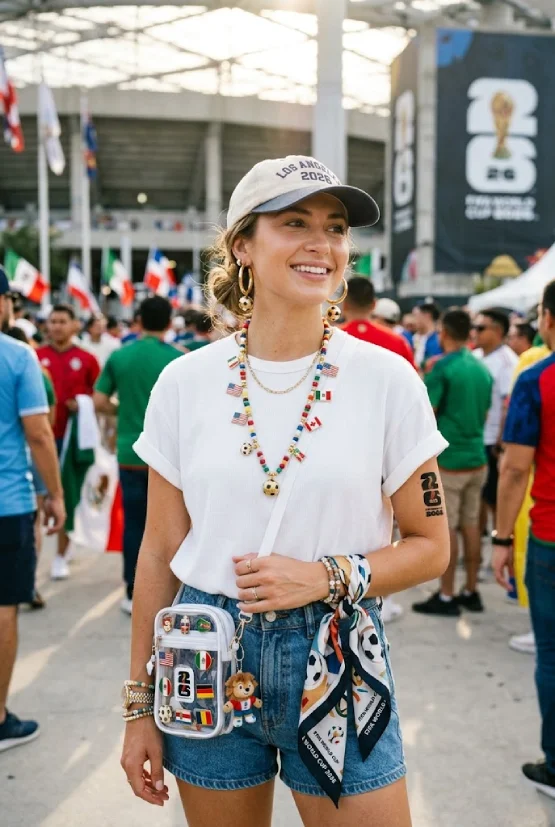 A stylish female fan poses at a packed stadium for the FIFA World Cup 2026, wearing a coordinated accessories-first outfit with a white tee, denim shorts, multi-flag necklace, hoop earrings with soccer balls, and a branded 2026 hat.