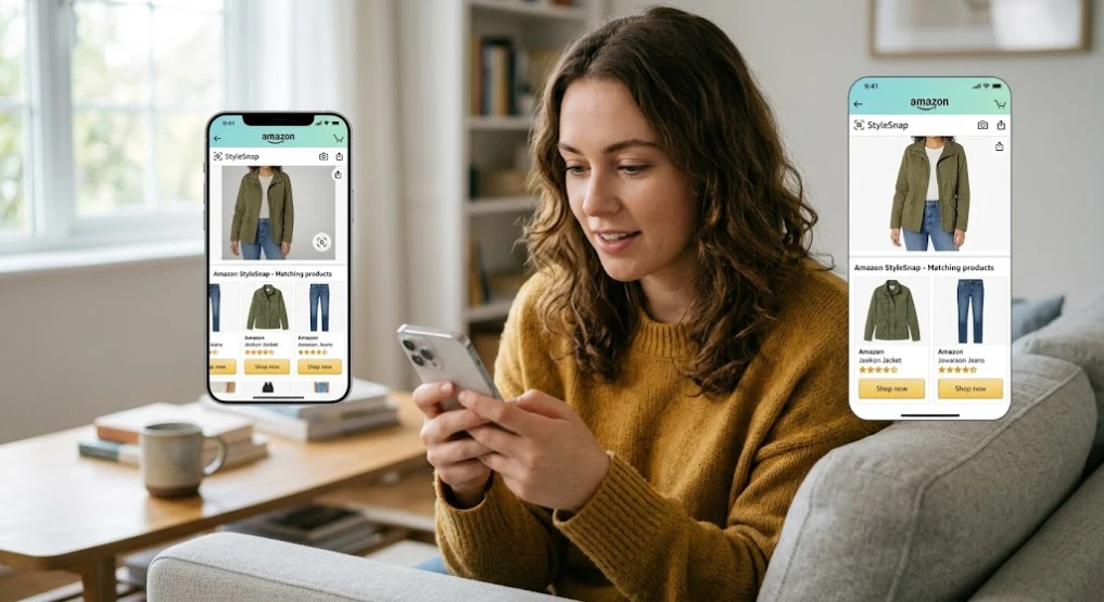 A young woman smiling while using the Amazon StyleSnap visual search feature on her smartphone to browse fashion items on a sofa.