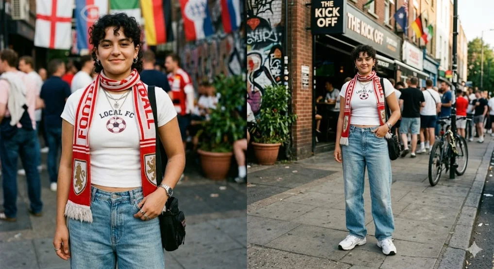 Blokecore baby tee, wide-leg jeans, soccer fan outfit, World Cup 2026
