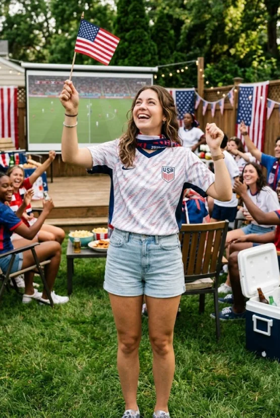 A young woman smiling and holding a small American flag at a backyard FIFA World Cup watch party, wearing a white Team USA soccer jersey and light-wash denim shorts.