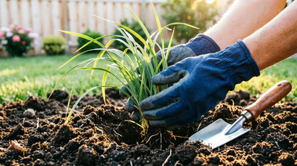 A beginner gardener planting lyposingrass in a sunny backyard garden bed with gardening gloves and trowel