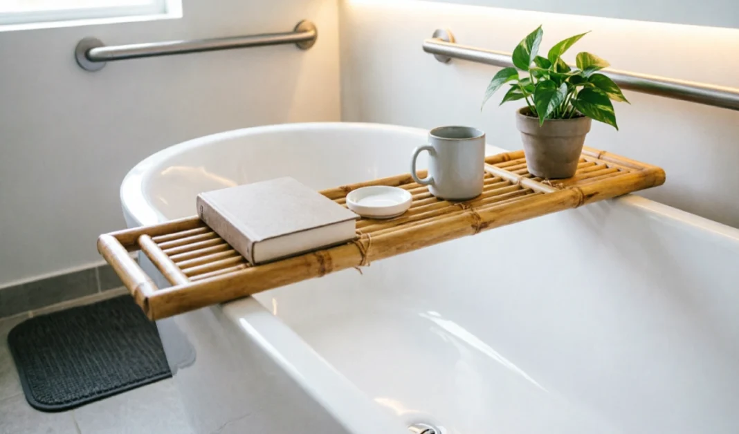 Bamboo bath caddy on white bathtub with grab bars, showing accessible bathroom setup for aging in place with organized essentials