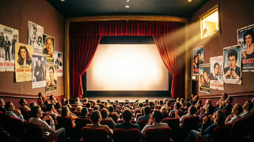 A warm cinematic illustration of a grand vintage movie theater filled with laughing audiences and walls decorated with classic comedy movie posters spanning a century of film history