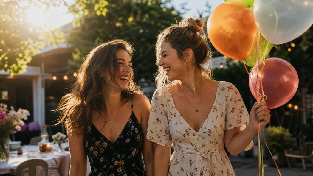 Two best friends laughing together on birthday with colorful balloons
