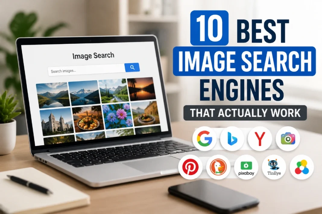 Laptop displaying an image search interface with popular image search engines, representing the 10 best image search engines for finding high-quality images online.
