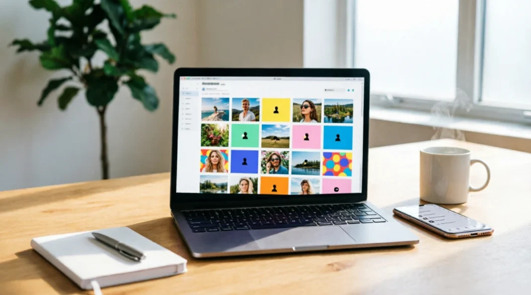 Professional workspace with laptop displaying Instagram grid feed and smartphone, illustrating the best Instagram downloaders tools for social media managers and content creators.