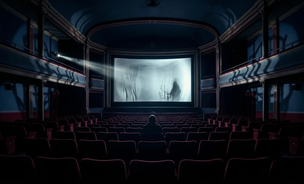 Best Psychological Horror Movies — dark cinema with eerie projector light and shadowy silhouette