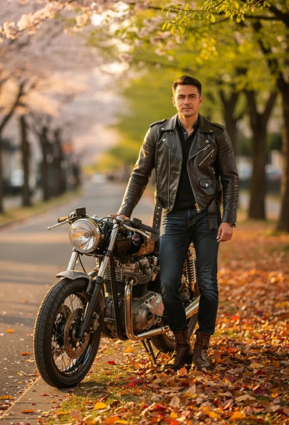 Stylish person wearing a black leather motorcycle jacket and boots, leaning against a vintage cafe racer motorcycle on a tree-lined street with cherry blossoms and fallen autumn leaves, photographed in warm golden hour light