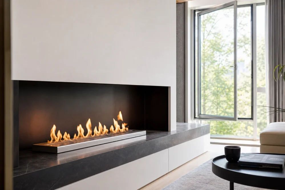 A modern bioethanol fireplace with a recessed burner tray and stable base in a well-ventilated living room with an open window