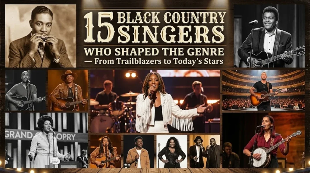 Group photo or collage of 15 Black country singers from different eras, including DeFord Bailey, Charley Pride, Kane Brown, Mickey Guyton, and Shaboozey