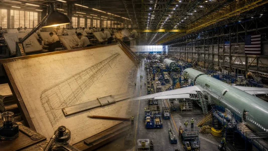 A composite editorial image featuring a vintage Boeing drafting desk with blueprints on the left and a modern-day view of the massive Boeing Everett Factory assembly line on the right.