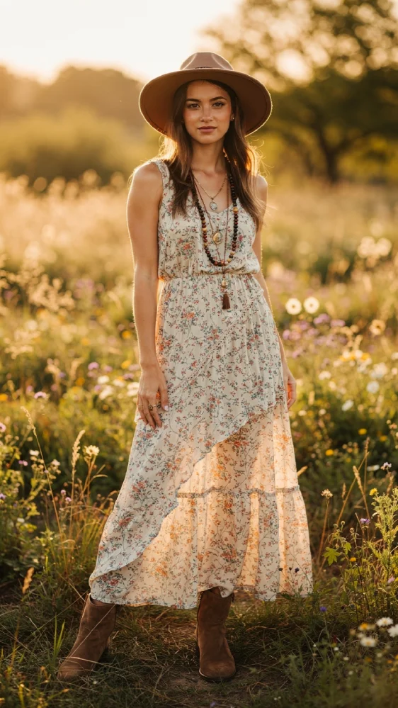 Woman in flowing floral boho maxi dress, wide-brim hat, and layered beaded necklaces walking through a sunlit wildflower field in golden hour light