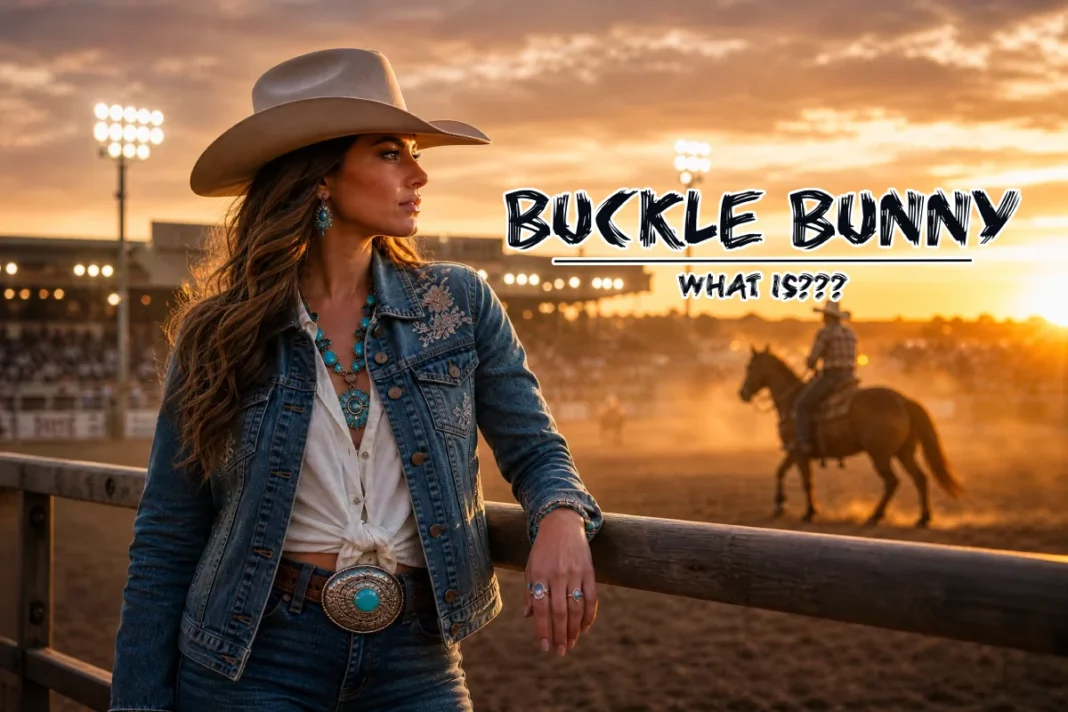 A cinematic wide shot of a woman in premium western fashion and an ornate trophy belt buckle, standing by a rodeo arena at sunset with a cowboy on horseback in the distance.