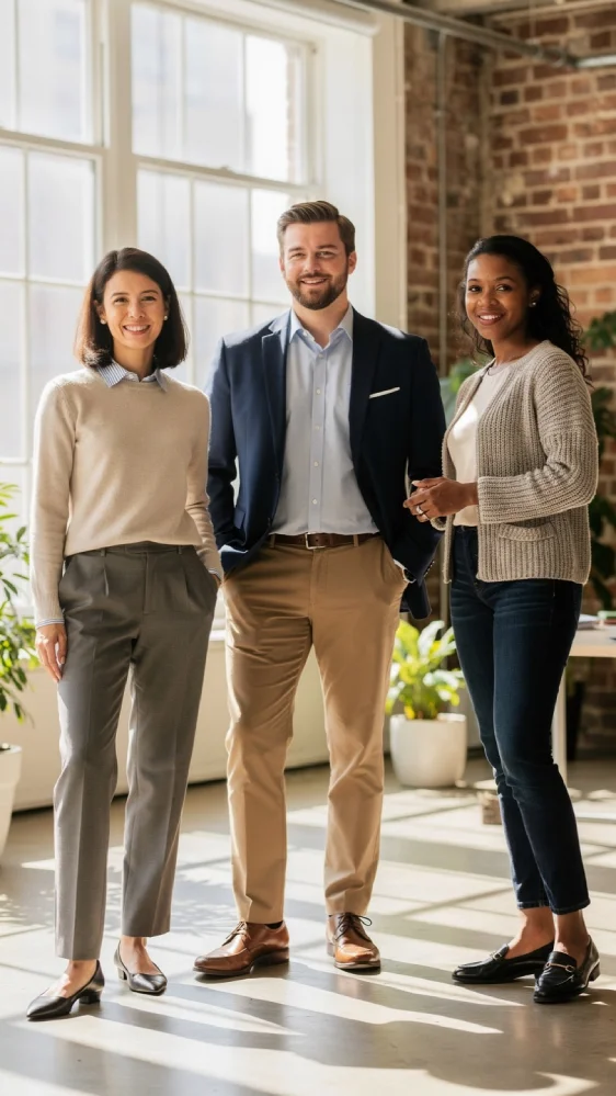 Three diverse professionals in a sunlit modern office wearing layered business casual outfits including merino sweaters, navy blazers, and tailored trousers, smiling confidently