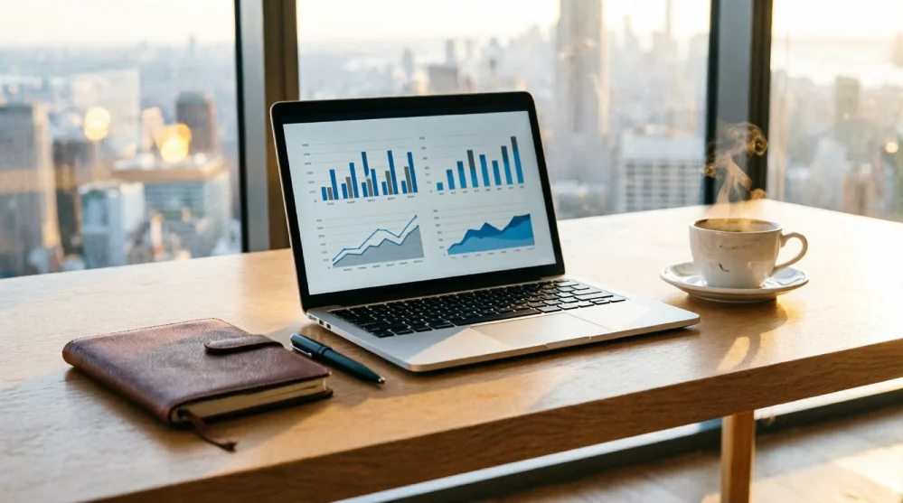 A modern business consultant's desk featuring a laptop displaying growth charts and strategy analytics, a leather notebook, a pen, and a steaming coffee cup, with a sunlit city skyline visible through a large office window.