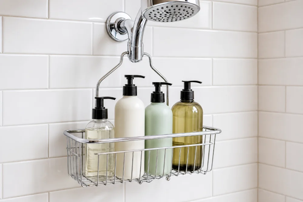 No-drill shower caddy hanging over showerhead
