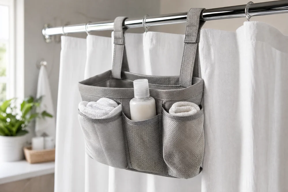 Hanging shower basket on curtain rod