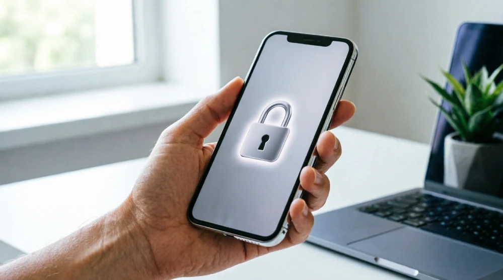 Hand holding modern smartphone displaying padlock security icon on screen, representing carrier-level phone number protection and port-out lock features to prevent SIM swap attacks