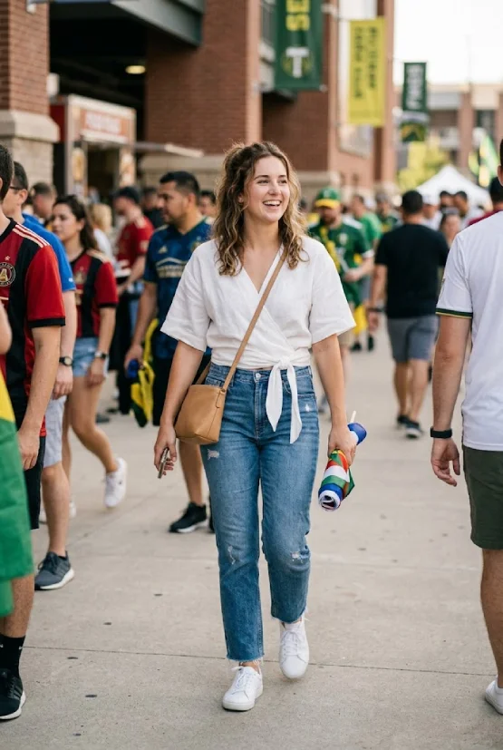 A stylish woman wearing a loose-fitting white linen wrap top paired with light blue distressed denim jeans, white sneakers, and a tan crossbody bag, smiling casually in a bustling outdoor area.