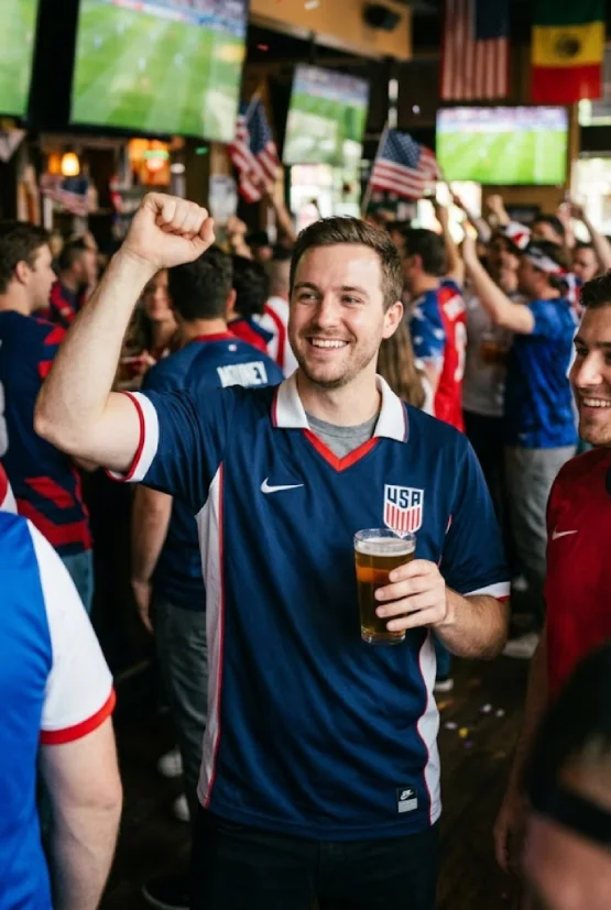A man in a blue USA soccer jersey smiles and cheers while holding a beer in a crowded sports bar, perfectly capturing the classic match day outfit and atmosphere.