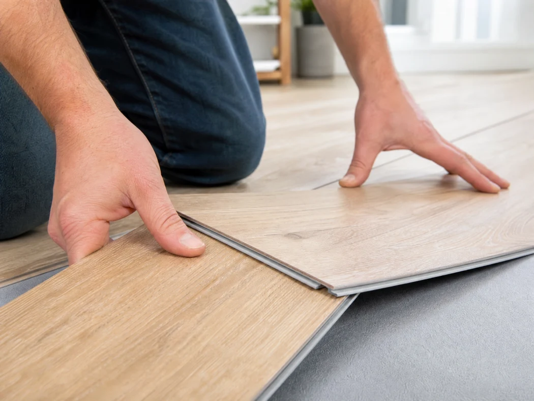 Hands clicking together two luxury vinyl plank flooring pieces during installation