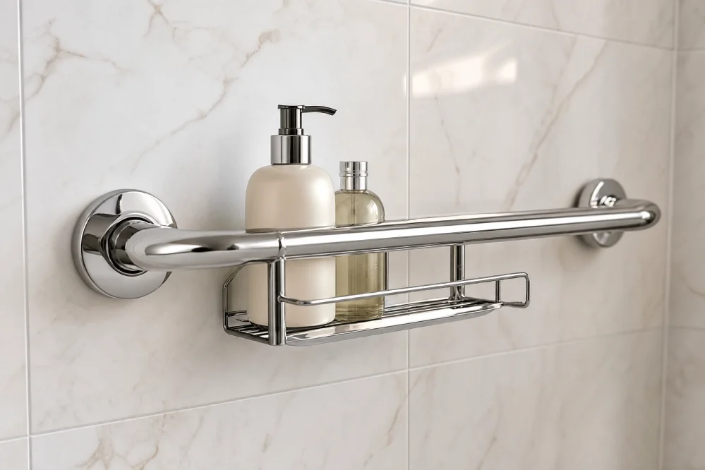 Grab bar shower caddy mounted on tile wall