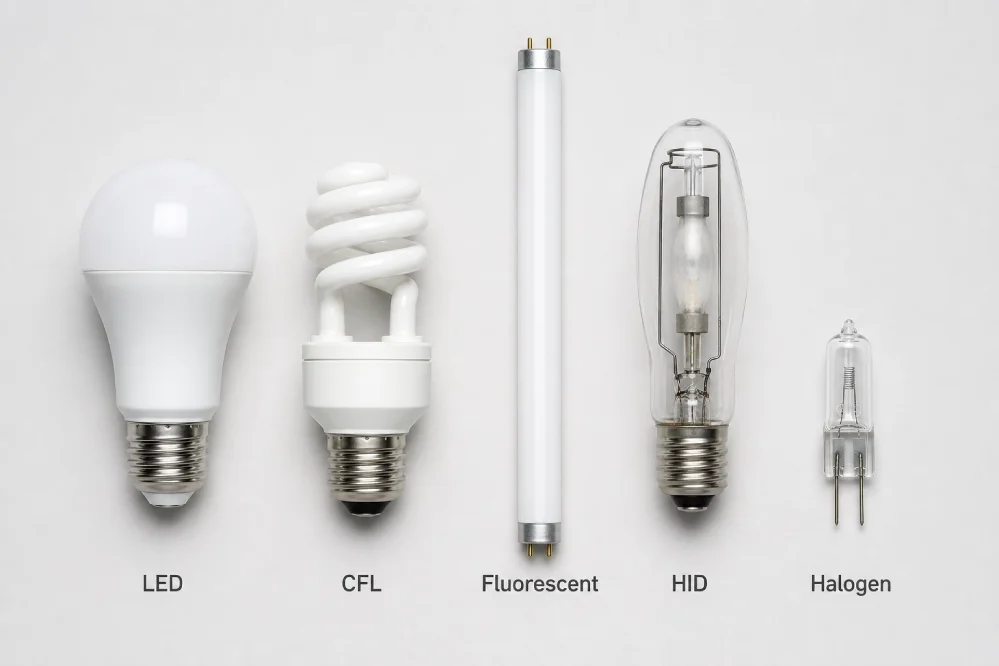 Lineup of five different light bulbs: LED, CFL, linear fluorescent tube, HID bulb, and a small halogen capsule, each labeled