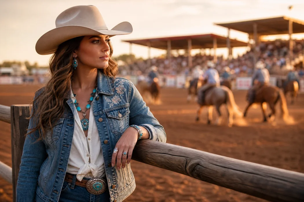 A stylish young woman in a cowboy hat and denim jacket leaning against a fence at a sun-drenched rodeo arena, representing modern buckle bunny culture.