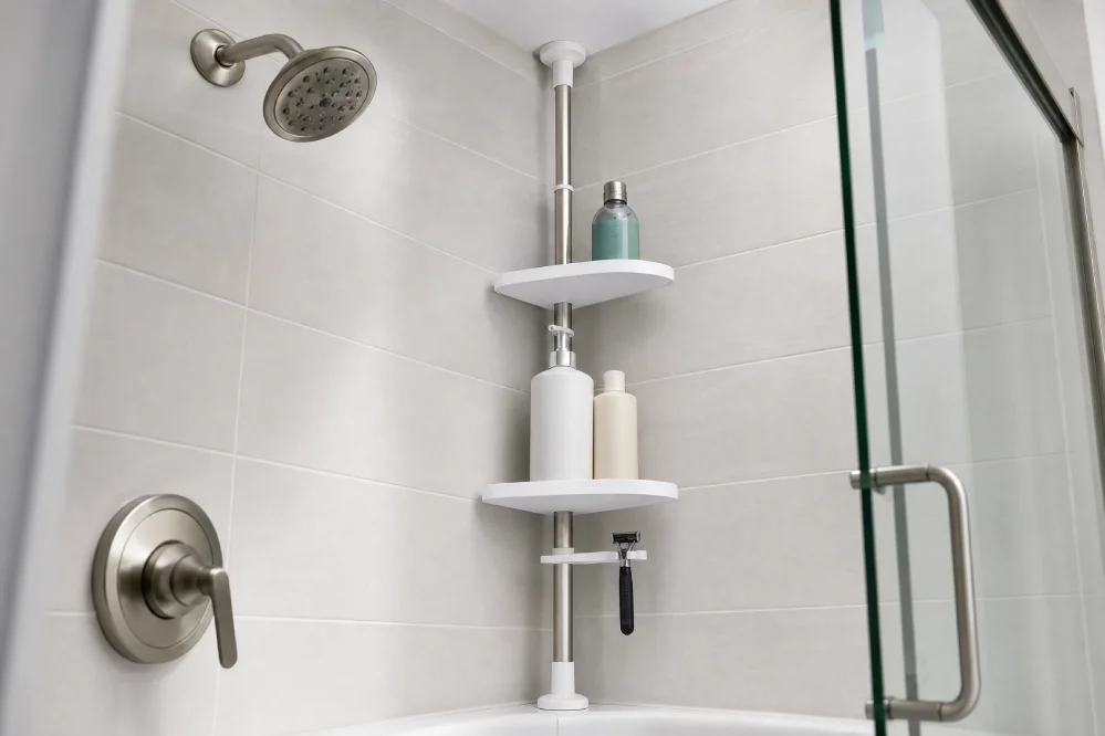 Space-saving corner shower shelf with toiletries