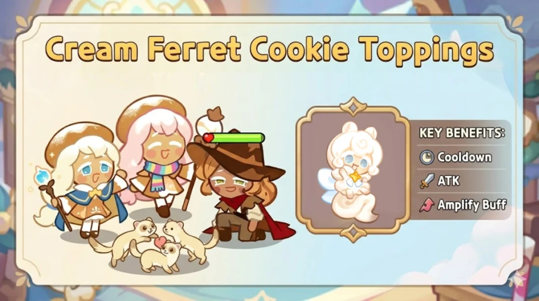 Cream Ferret Cookie topped with 5 Swift Chocolate toppings showing optimal substats including Cooldown, ATK, and Amplify Buff in Cookie Run Kingdom