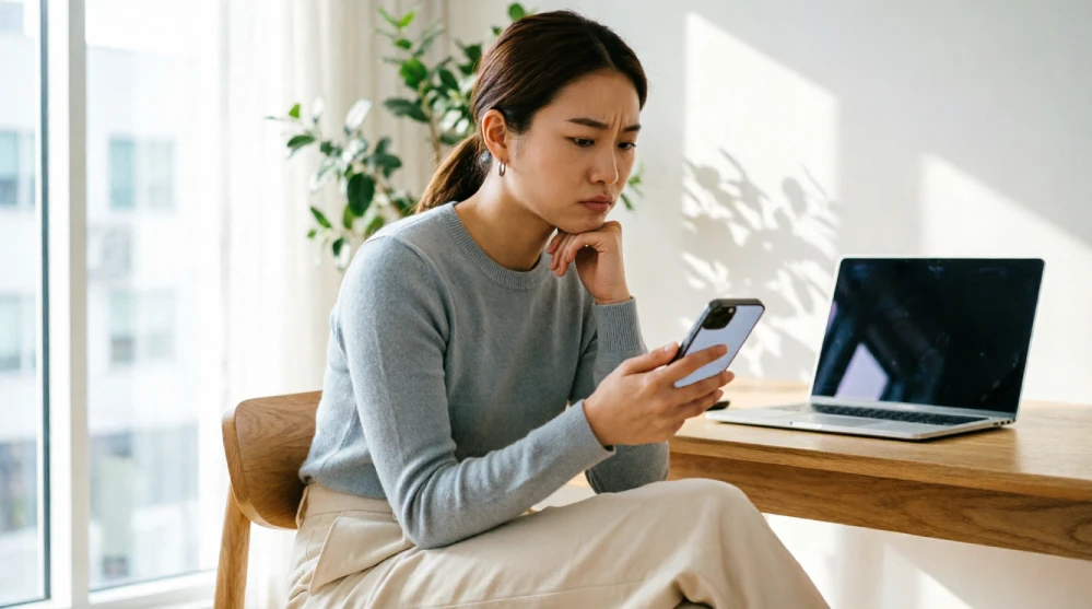 A person looking cautiously at an incoming call on their smartphone, demonstrating the habit of screening unknown numbers to prevent phone scams.