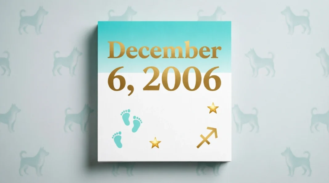 Calendar showing December 6, 2006 with baby footprints, Sagittarius zodiac symbol, stars, and dog silhouettes representing the 371,664 babies born worldwide on this Wednesday, debunking the myth that nobody was born on December 6