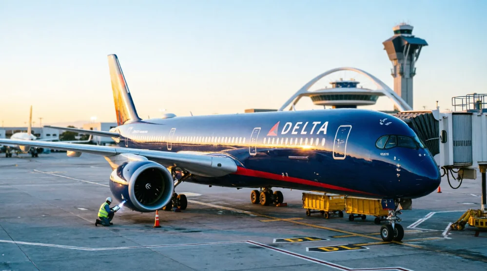 Delta Air Lines Airbus A350-900 parked at a gate at LAX after an unscheduled diversion.