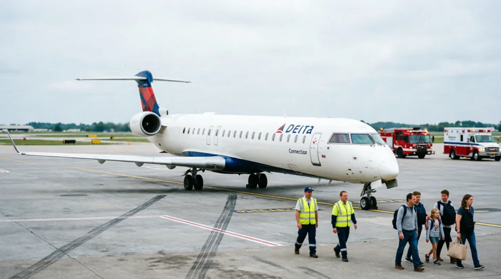 Bombardier CRJ parked on a taxiway surrounded by ground crew after an emergency diversion.