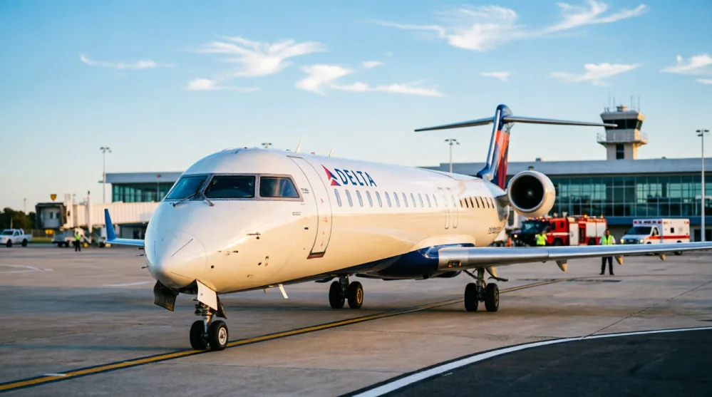 Delta regional jet on the runway with emergency vehicles nearby at Jacksonville International Airport.