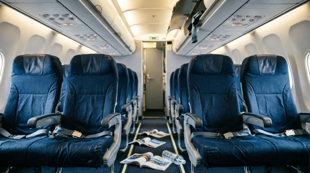 Interior cabin of an Airbus A330 showing dislodged ceiling panels and scattered debris after severe turbulence.