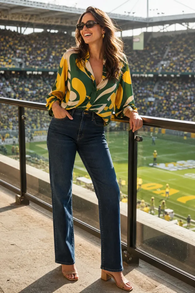 A woman wearing a vibrant silk-blend statement blouse with bold yellow and green patterns paired with dark denim straight-leg jeans, standing on a sun-drenched stadium terrace during a match.