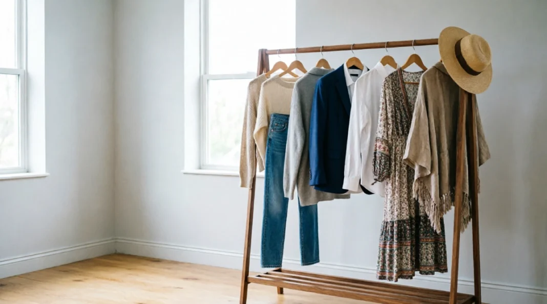 A curated clothing rack in a sunlit room displaying various clothing styles, including casual denim, classic business wear, and bohemian vintage pieces.