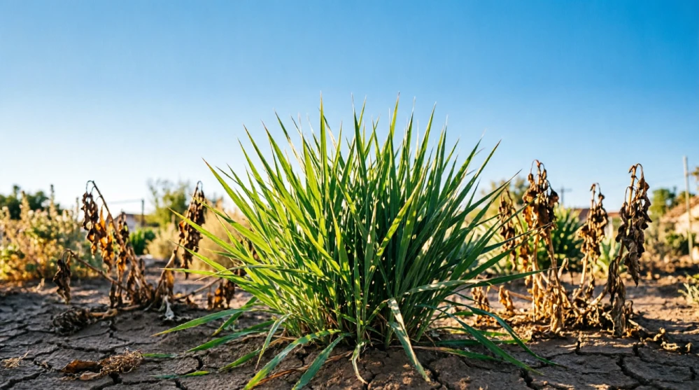 Healthy lyposingrass plants growing in dry, sun-baked garden soil showing drought tolerance in a US backyard