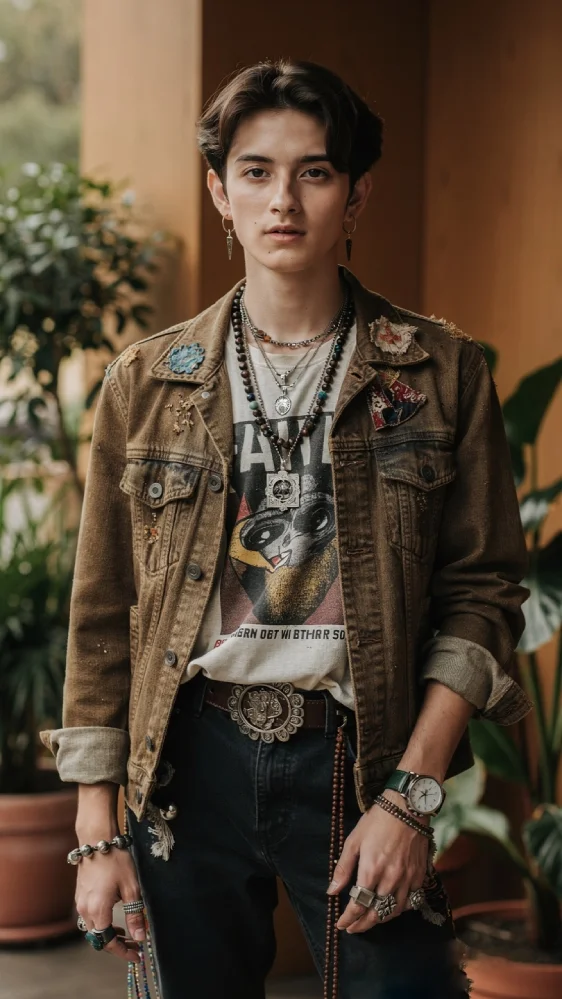 Young adult wearing eclectic year-round fashion with vintage jacket, modern graphic tee, layered jewelry, and unique accessories in softly lit indoor-outdoor space with plants and warm wood tones