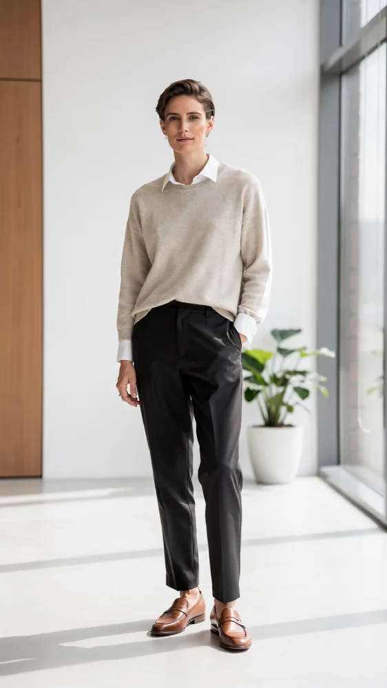Person in a neutral-toned linen shirt and tailored trousers standing in a bright, minimal room with natural light, wood accents, and a single plant