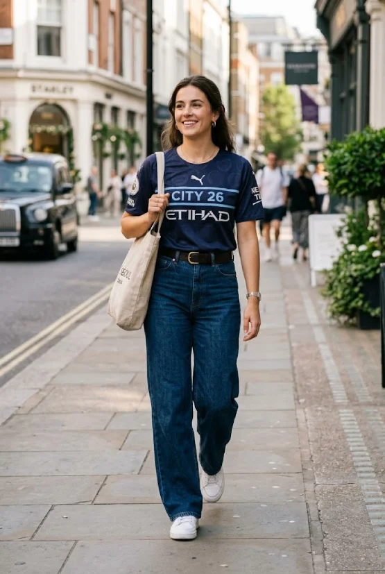 A young woman walking down a busy London street wearing a navy blue football jersey tucked into high-waisted wide-leg jeans with a brown belt and white sneakers, holding a canvas tote bag.