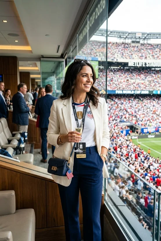 A stylish female football fan in a cream blazer and USA team top holds a champagne glass in a luxury stadium suite at MetLife Stadium during the FIFA World Cup 2026.