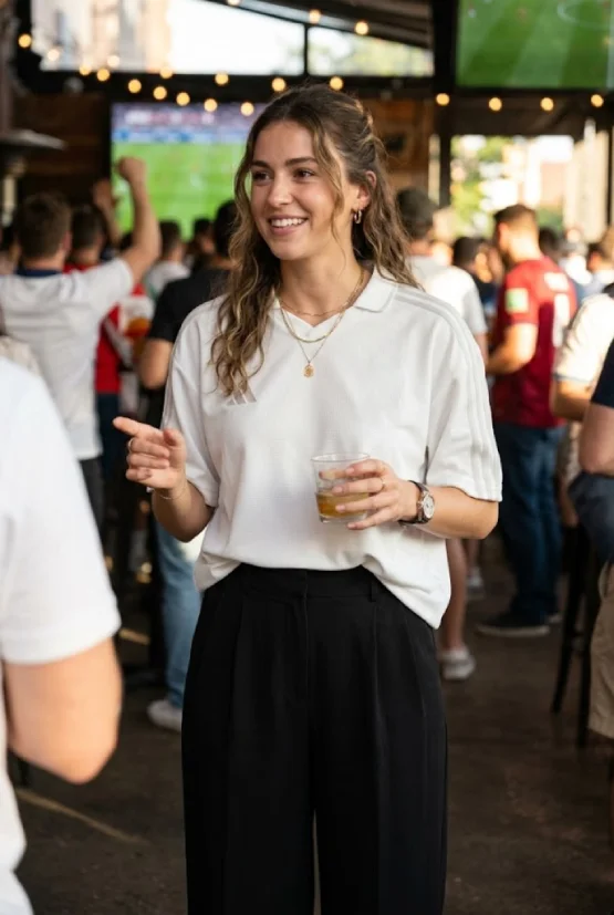 A stylish woman in a casual-chic outfit, featuring a white jersey top with the FIFA World Cup 2026 logo, stands with friends during a match day watch party, smiling and gesturing with a drink in hand.